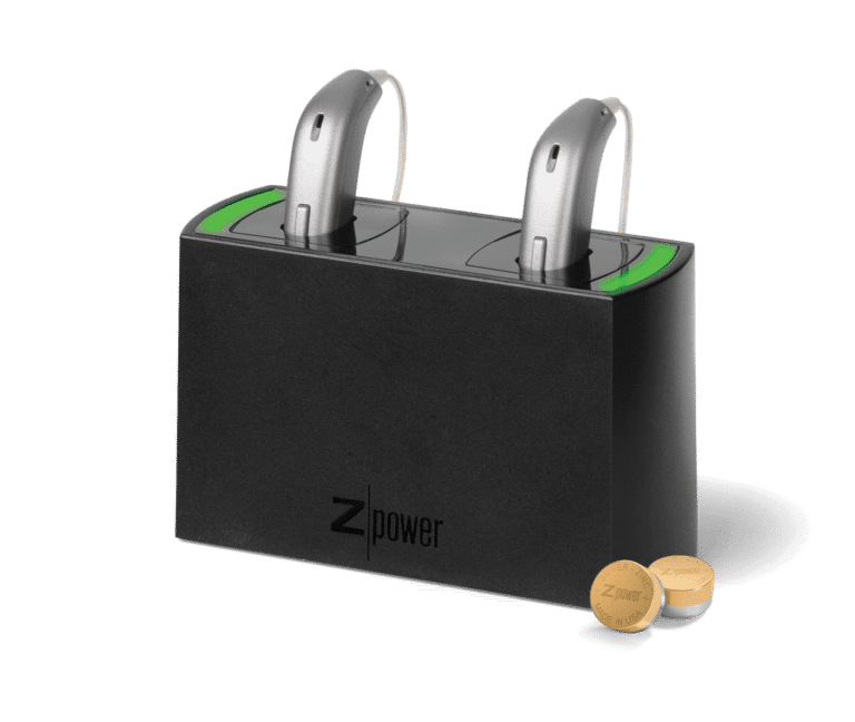 Hearing aids in a charging cradle