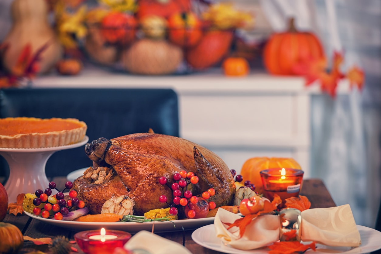 Close up of thanksgiving dinner on the table.