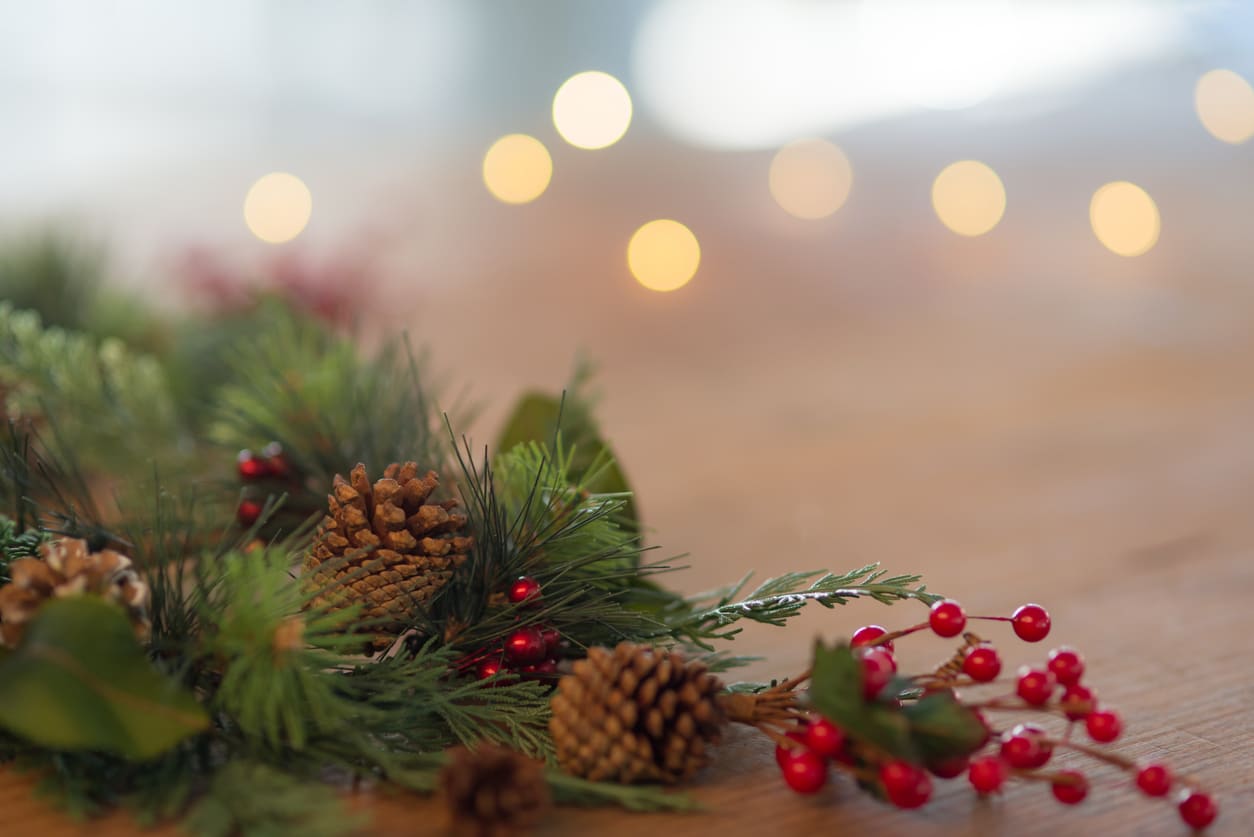 Close up of pinecones and berries on a garland.